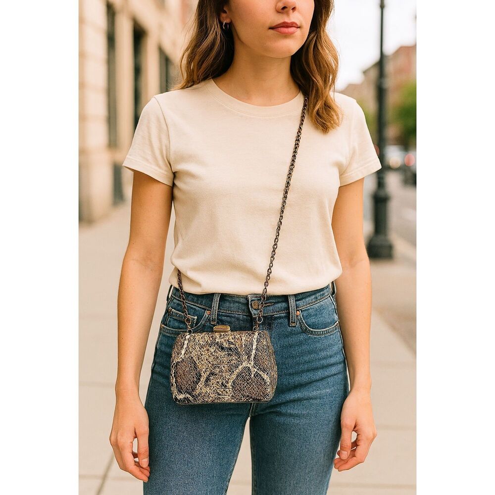 NEW Madison West CONVERTABLE Crossbody Bag Clutch Faux Snake Beige Black NWT - Picture 1 of 8
